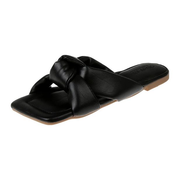 

slippers weibate designer women shoes square toe womens quality pu leather ladies summer slides flats open, Black