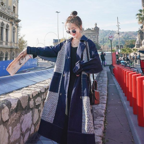 

women's denim stitching windbreaker spring autumn korean loose long-sleeved lapel double-breasted coat 22z trench coats, Tan;black