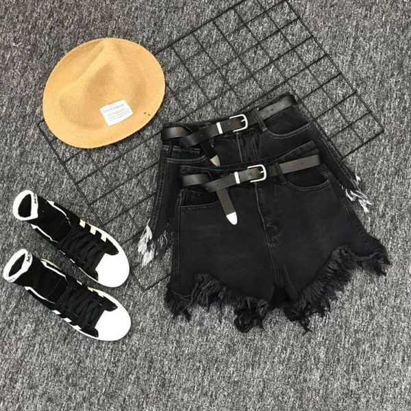 

women wide leg tassel black denim shorts casual female streetwear loose solid color short jeans y728 women's, Blue