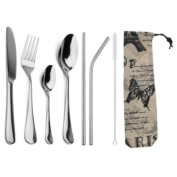 

dinnerware sets 8pcs/set portable stainless steel set 304 cutlery tableware with carry bag straws for travel picnic
