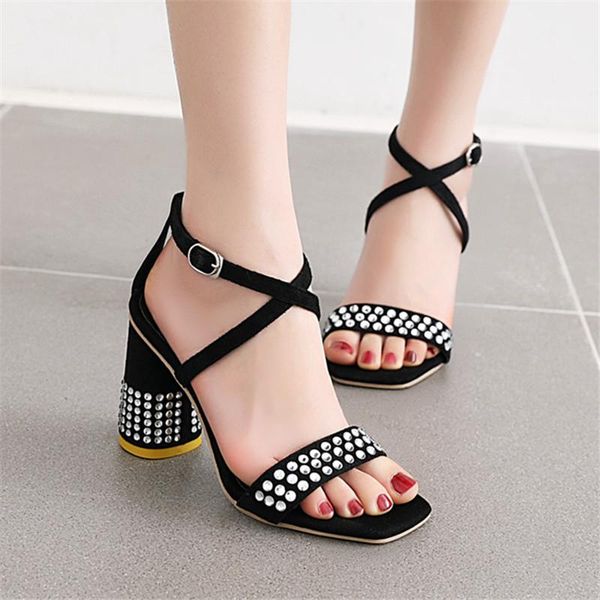 

women shoes sandals summer ankle wrap high heels chunky heel work black pink yellow big size 43