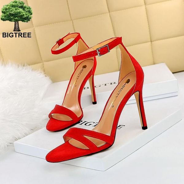 

sandals bigtree fashion design women narrow band buckle thin high heels black faux suede open toe dress shoe 35-40