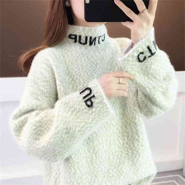 

imitated mink velvet turtleneck letter printed sweater women loose lazy long sleeve bottom knitted pullover female 210427, White;black