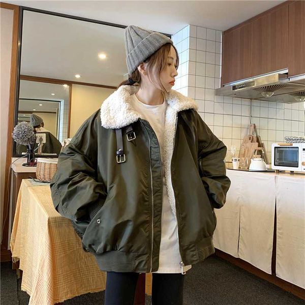 

women cotton coat winter lamb wool jackets short oversized loose thicken warm zipper overcoat armygreen black parkas coats