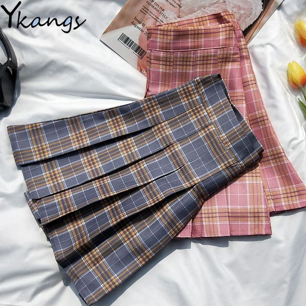 

women skirt preppy style high waist chic stitching skirts summer school student pleated skirt women cute sweet girls dance skirt 210412, Black