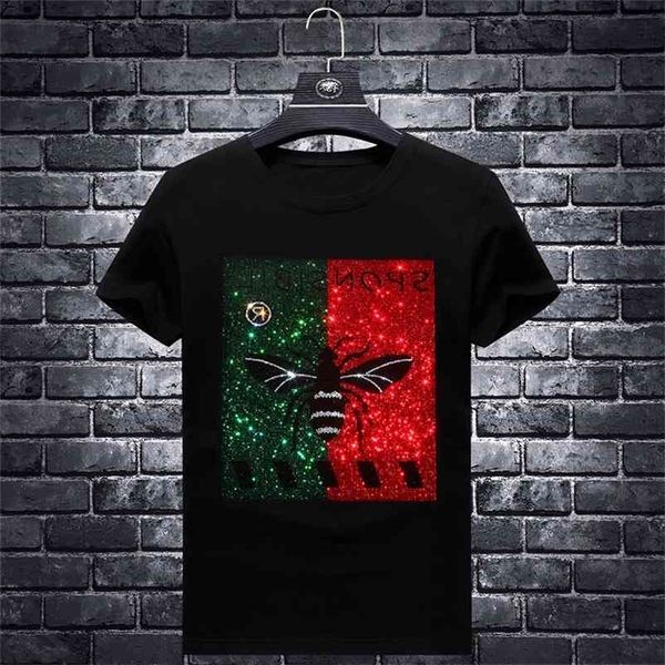 

plus size 7xl bee rhinestones t shirts men brand short sleeve fashion man streetwear o neck slim modal cotton tshirts 210409, White;black