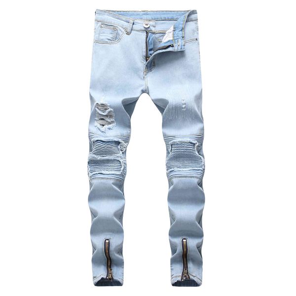 

fashion jeans men's light blue feet slim hole motorcycle