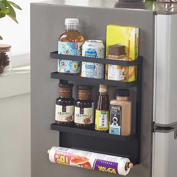 

3 storey kitchen magnetic refrigerator storage rack hanging shelves save space