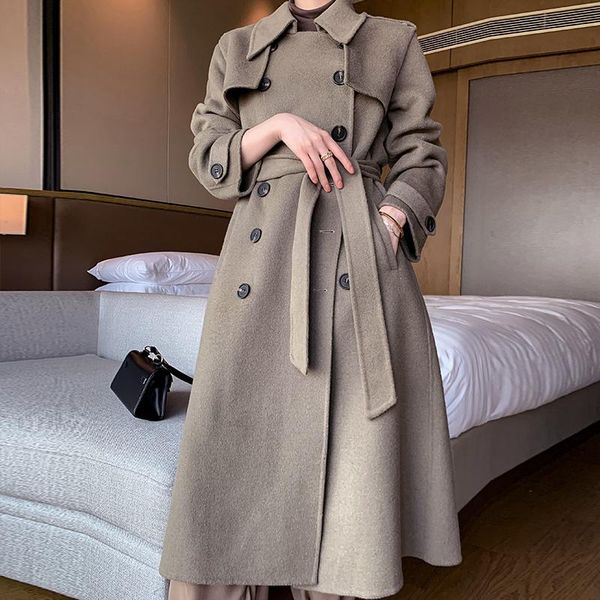 

women's wool & blends high-end double-sided cashmere coat medium long suit collar double breasted loose korean woolen, Black