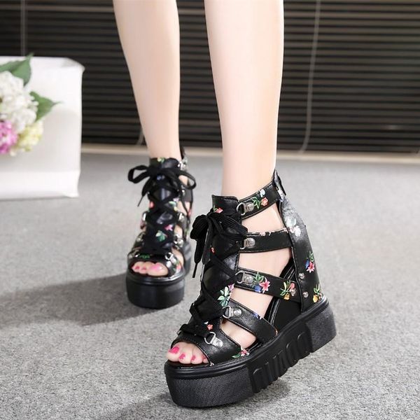

spring women sandals high heel casual ethnic flower floral open toe wedges platform height increasing chunky ladies shoes, Black