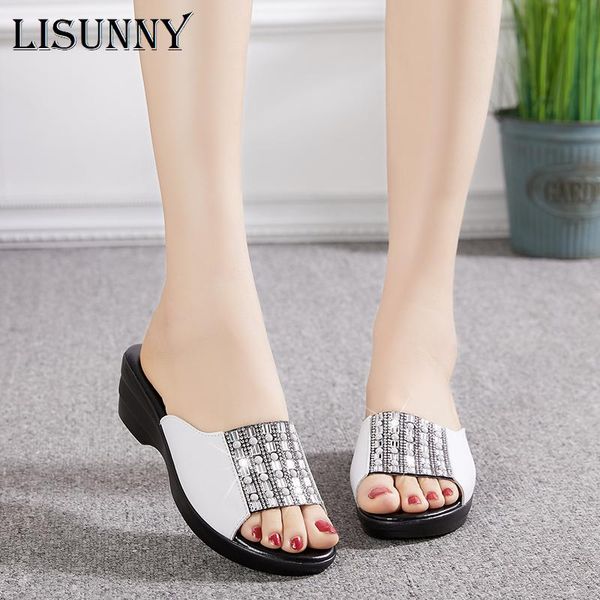 

slippers lisunny women 2021 rhinestone wedges summer female sandals sequins genuine leather cowhide women's shoes plus size, Black