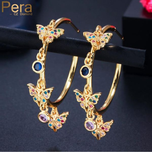 

hoop & huggie pera beautiful multicolor cubic zirconia gold color hanging butterfly earrings for friend party jewelry gift e689, Golden;silver