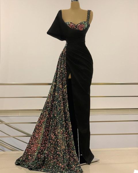 

real image black mermaid evening pageant dress with side train sparkly sequins beads high slit african prom dress robe de mariÃ©e