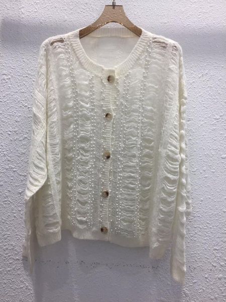 

women's knits & tees early autumn of 2021 the hollow nail bead knitted mohair cardigan 0803, White