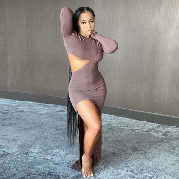 

fashion women es autumn est ladies o-neck sleeve side waist hollow out high split long nightclub party, White;black