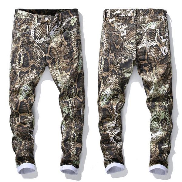 

fashion mens jeans slim pants singer perform skinny long trousers print python snake skin for men js583 men's, Blue