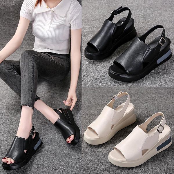 

dress shoes slope heel slippers female summer style fashion thick-soled sandals leather high-heeled, Black