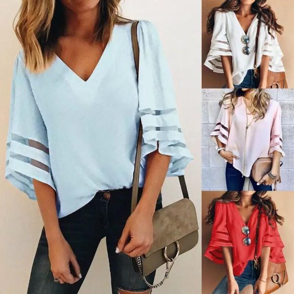 

womens and blouses elegant half sleeve v neck femme striped loose ol shirt ladies chiffon blouse dames blusa feminina women's & shirts, White