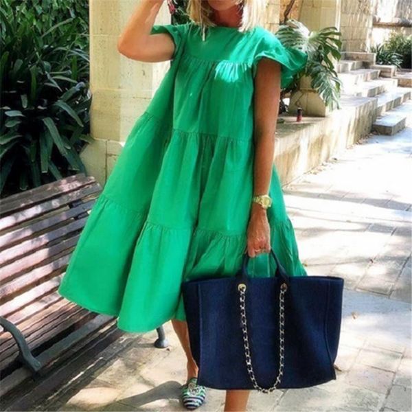 

women's swimwear women dress flounce sleeve pleated long dresses autumn fall fashion bohemian 2021 solid loose summer green pink, White;black
