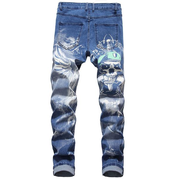 

mens casual jeans colorful 3d printing skinny runway elastic pencil denim pants washed high quality, Blue