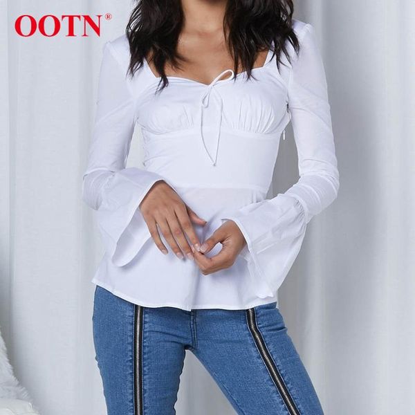 

women's blouses & shirts ootn square collar tunic women white blouse flare sleeve casual autumn winter female silm bow tie korean style