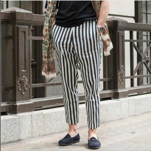 

s-4xl summer thin section men casual linen nine pants fashion black and white striped style harem feet slim tide costumes men's