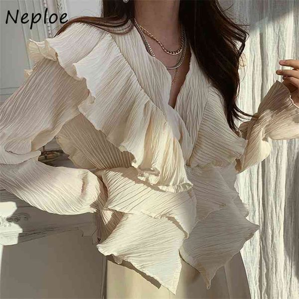 

v neck ruffles patch draped blouse women slim waist flare long sleeve solid shirt feminino spring blusas femme 210422, White