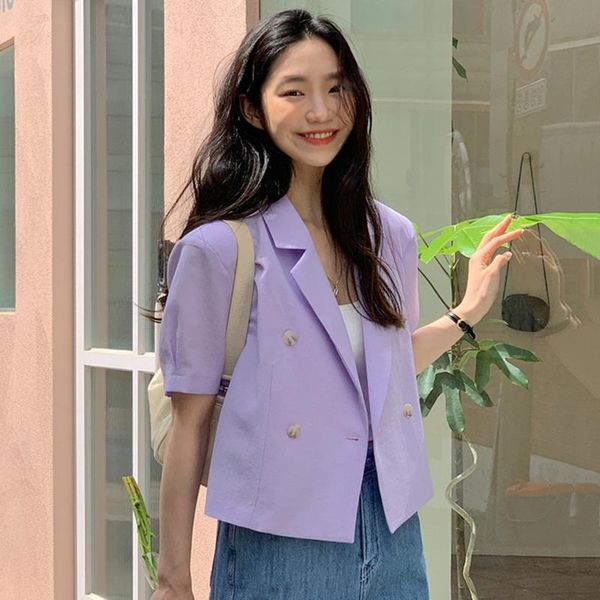 

women's suits & blazers korean style purple summer women blazer double breasted casual wild puff sleeve solid color office lady cropped, White;black