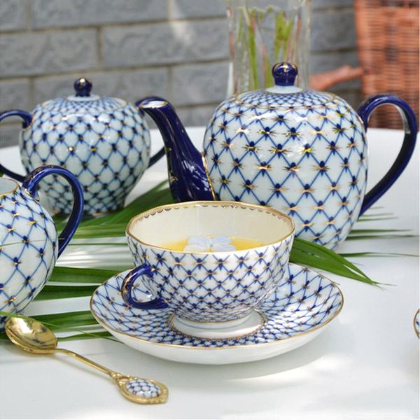 

dinnerware sets afternoon tea set painted kettle european coffee cup complete golden rimmed sugar pot blue bone china milk jug grid design