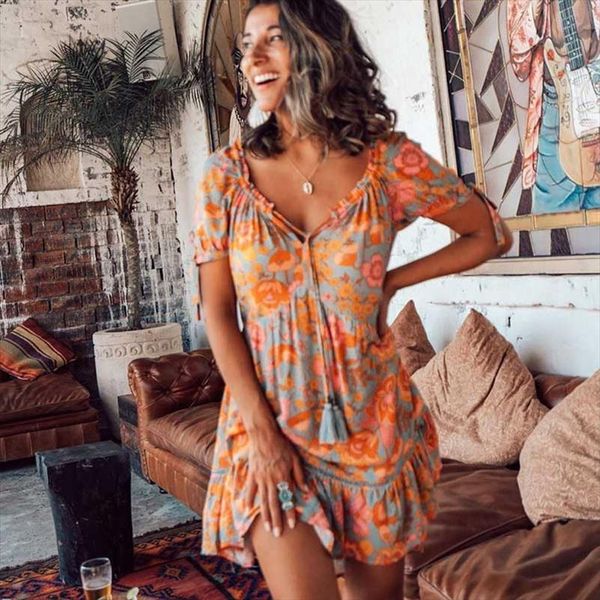 

ruffles orange rayon floral womens dresses summer bohemian vintage v neck short sleeve holiday, Black;gray