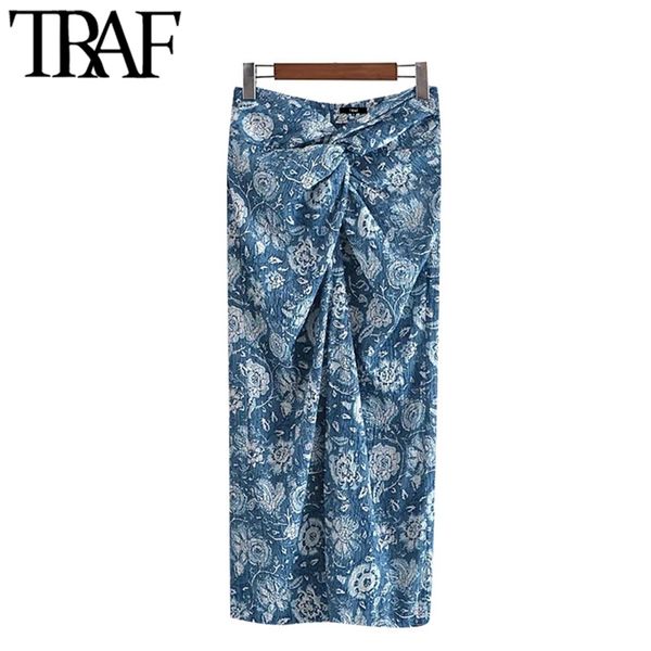 

women fashion with knot printed front vent midi skirt vintage high waist back zipper female skirts mujer 210507, Black