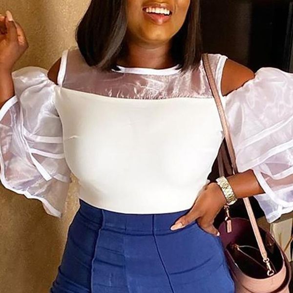 

women's blouses & shirts see-through butterfly sleeve women white mesh patchwork ruffles shirt black elegant hollow out party blua