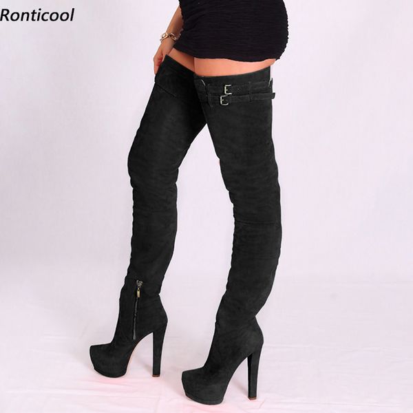 

rontic new arrival women winter platform thigh boots flock square high heels round toe black blue party shoes us size 5-20