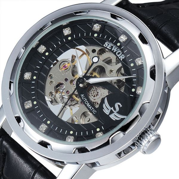 

men's mechanical watch inlaid with diamond hand motor alloy sewor, Slivery;brown