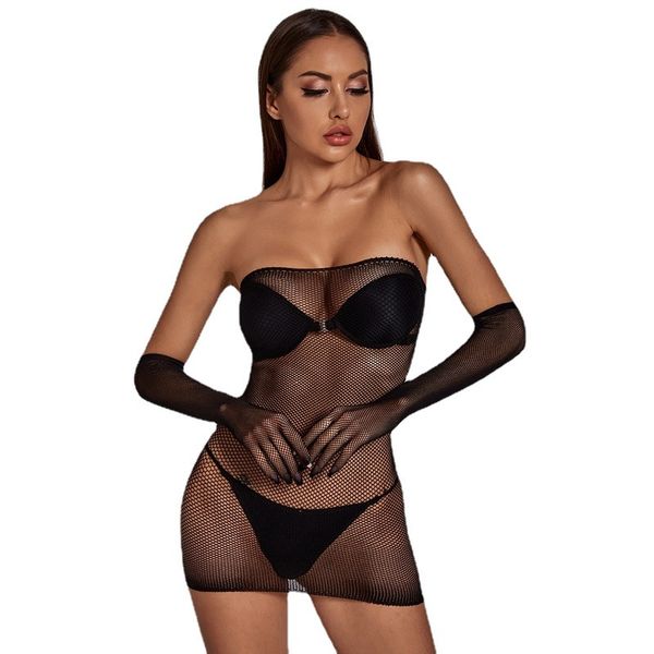 Massaggio Lingerie sexy con guanti Porno Body trasparente a rete Set di biancheria intima erotica Abiti sessuali Abbigliamento taglie forti per le donne