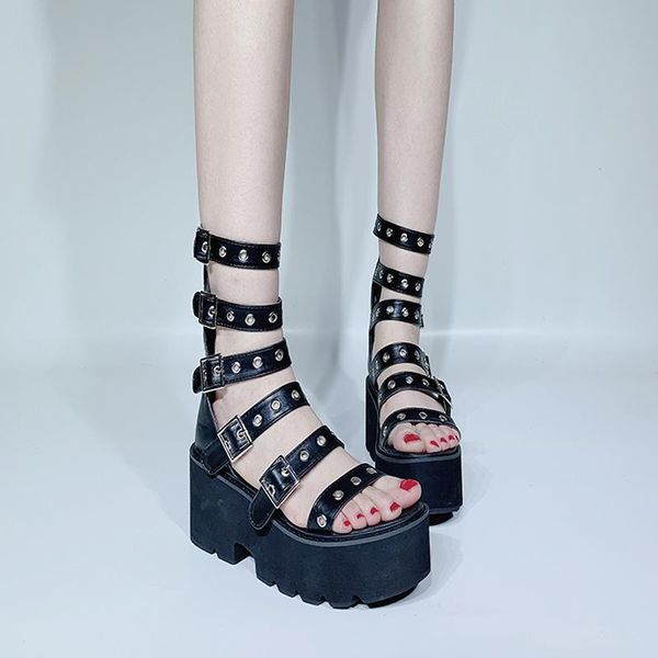 

dress shoes women sandals heel platform punk rock gothic peep toe buckle chunky block high heels ljb31, Black