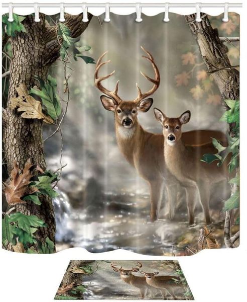 

shower curtains deer themed curtain, white-tailed in the foggy forest, polyester fabric bath set with non-slip mat rug