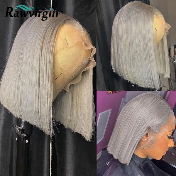 

lace wigs bob wig front human hair straight sliver grey colored for women 613 hd frontal, Black;brown