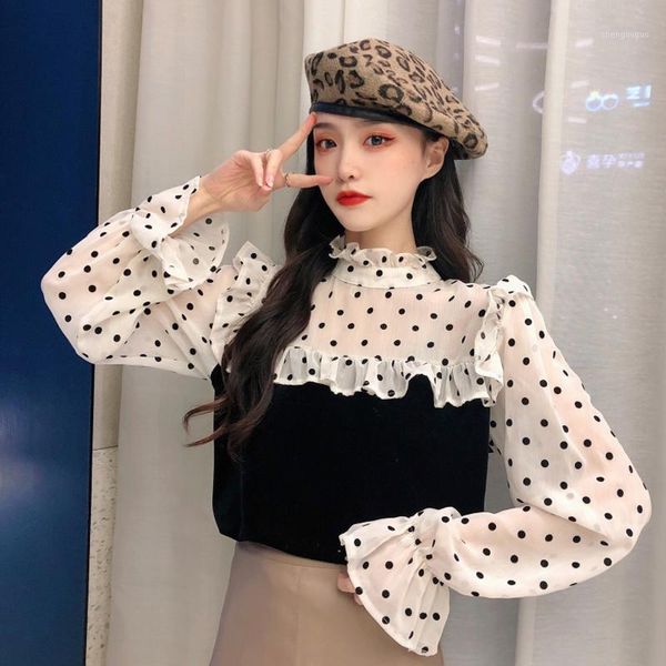 

velour chiffon patchwork polka dot blouses ruffles women's clothing stand spring autumn vintage long sleeve shirts ladies &, White