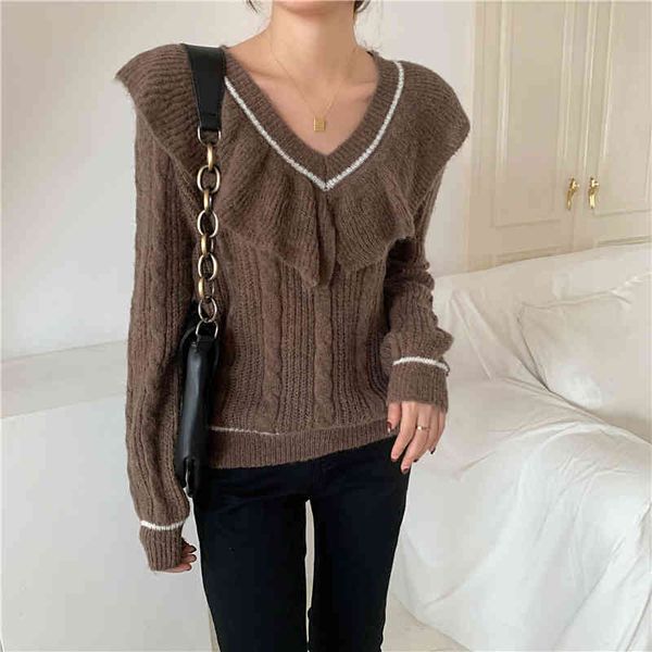 

sweaters women sweater korean autumn winter solid knitted pullovers retro butterfly collar v-neck loose jumper pull femme, White;black