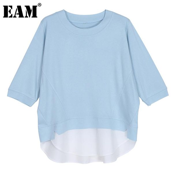 

[eam] women blue black big size casual irregular t-shirt round neck short sleeve fashion tide spring summer 2021 1dd6740 women's, White