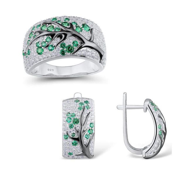 

bracelet, earrings & necklace promise silver jewelry set for women shiny flower cherry branch green cz ring 925 sterling silve anel gift, Black