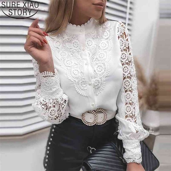 

spring lace patchwork hollow out shirt fashion women white vintage long sleeve button mesh crochet blouse 13267 210421