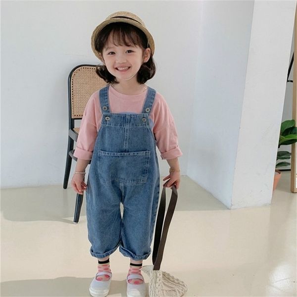 

spring arrival girls fashion denim pants kids pocket overalls 210528, Blue
