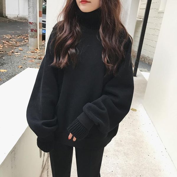 

women's hoodies & sweatshirts winter warm fleece hoodie harajuku plus velvet sweatshirt female pure color knitted patchwork thick overs, Black