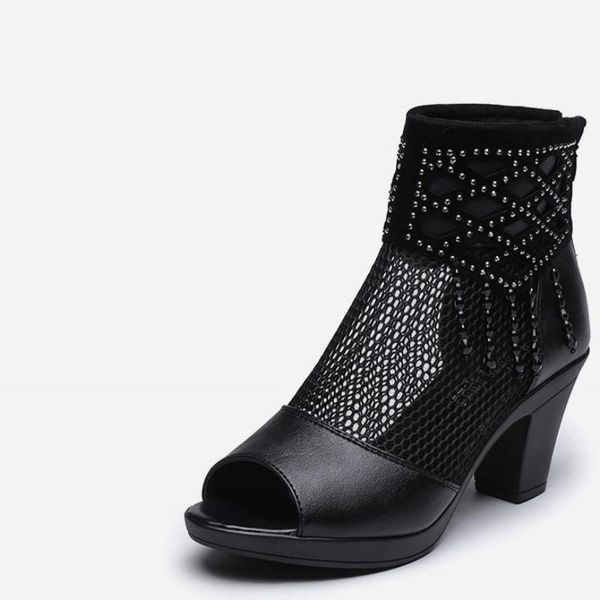 

peep toe gladiator sandals women mesh block heel platform summer footwear fashion beaded zipper high sandalias mujer 2021, Black