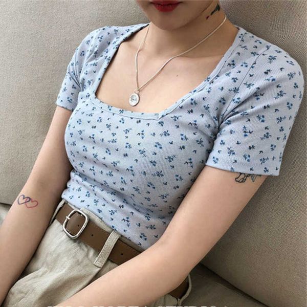 T-shirt de manga curta pequena pequena azul t-shirt 2020 primavera e verão colarinho quadrado curto umbigo top mulheres sexy menina feminina udgm x0628