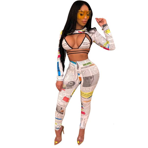 

latest styles spaper printed three pieces outfits hollow out long sleevess short tees ny pants nightclub party sets, Gray