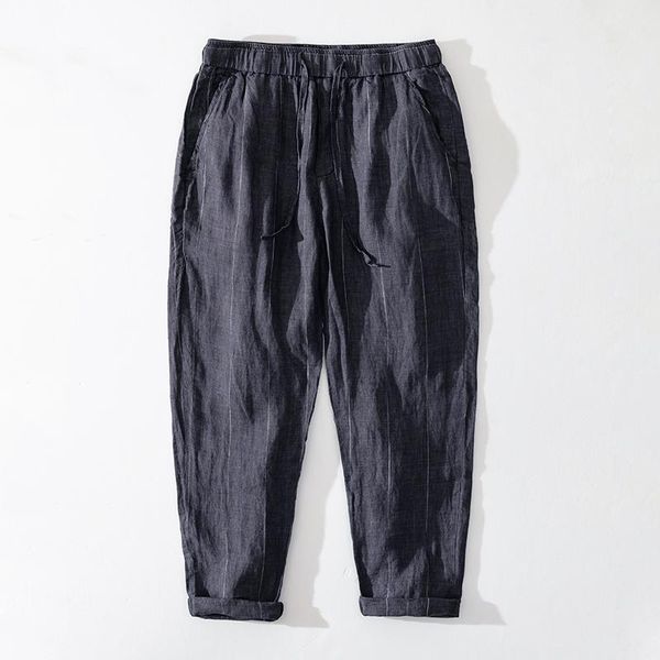 

men's pants autumn men japan style fashion vintage pure linen striped straight male casual loose thin trousers, Black