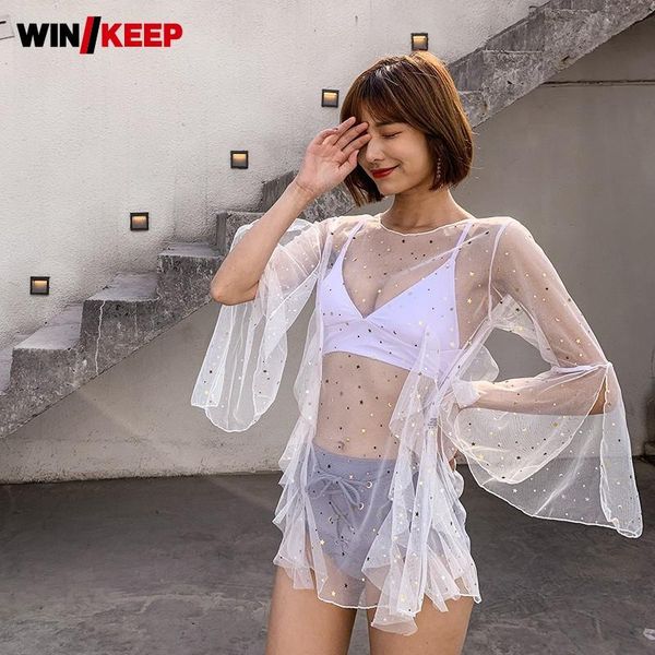 

swimsuit women lace up high waist bikini set cover 3pcs swimming bathing suit female swimwear slim fit v neck bikinis one-piece suits